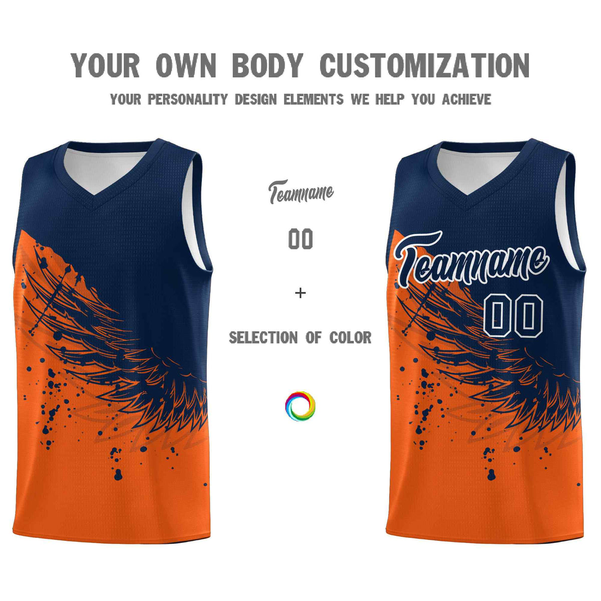 Custom Orange Navy Wing Pattern Sports Uniform Basketball Jersey