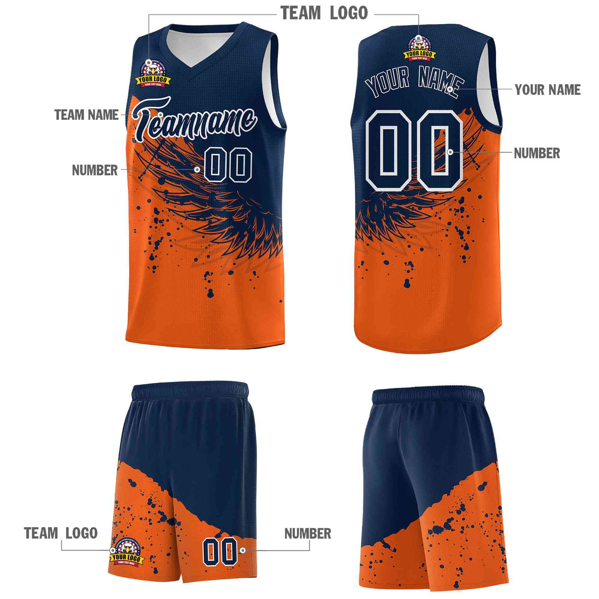 Custom Orange Navy Wing Pattern Sports Uniform Basketball Jersey