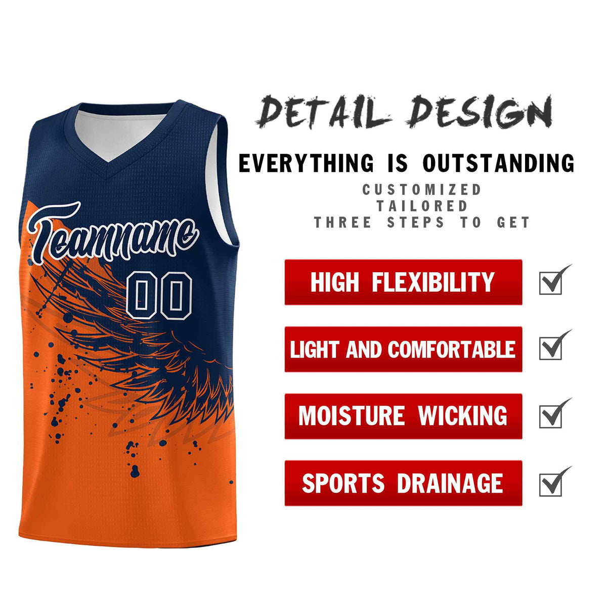 Custom Orange Navy Wing Pattern Sports Uniform Basketball Jersey