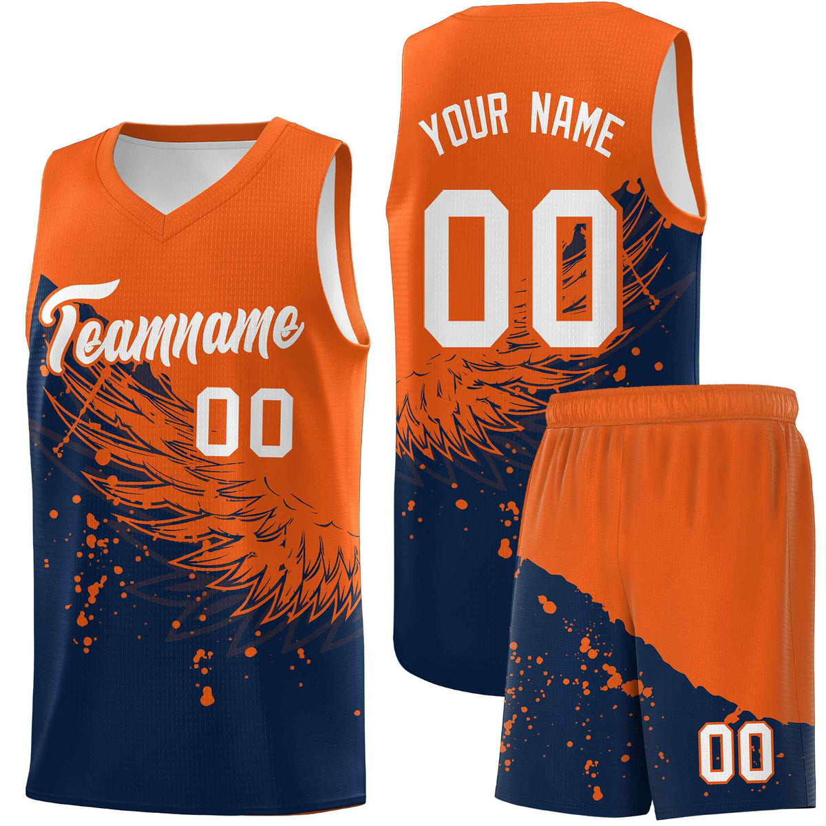Custom Navy Orange Wing Pattern Sports Uniform Basketball Jersey