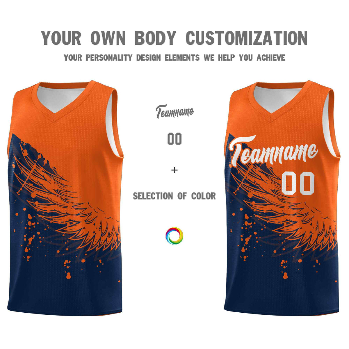Custom Navy Orange Wing Pattern Sports Uniform Basketball Jersey