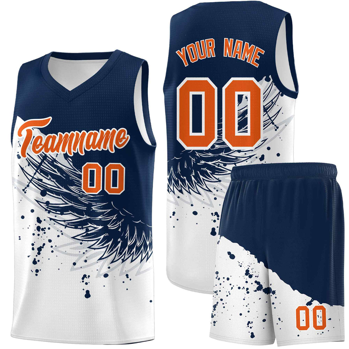 Custom White Navy Wing Pattern Sports Uniform Basketball Jersey