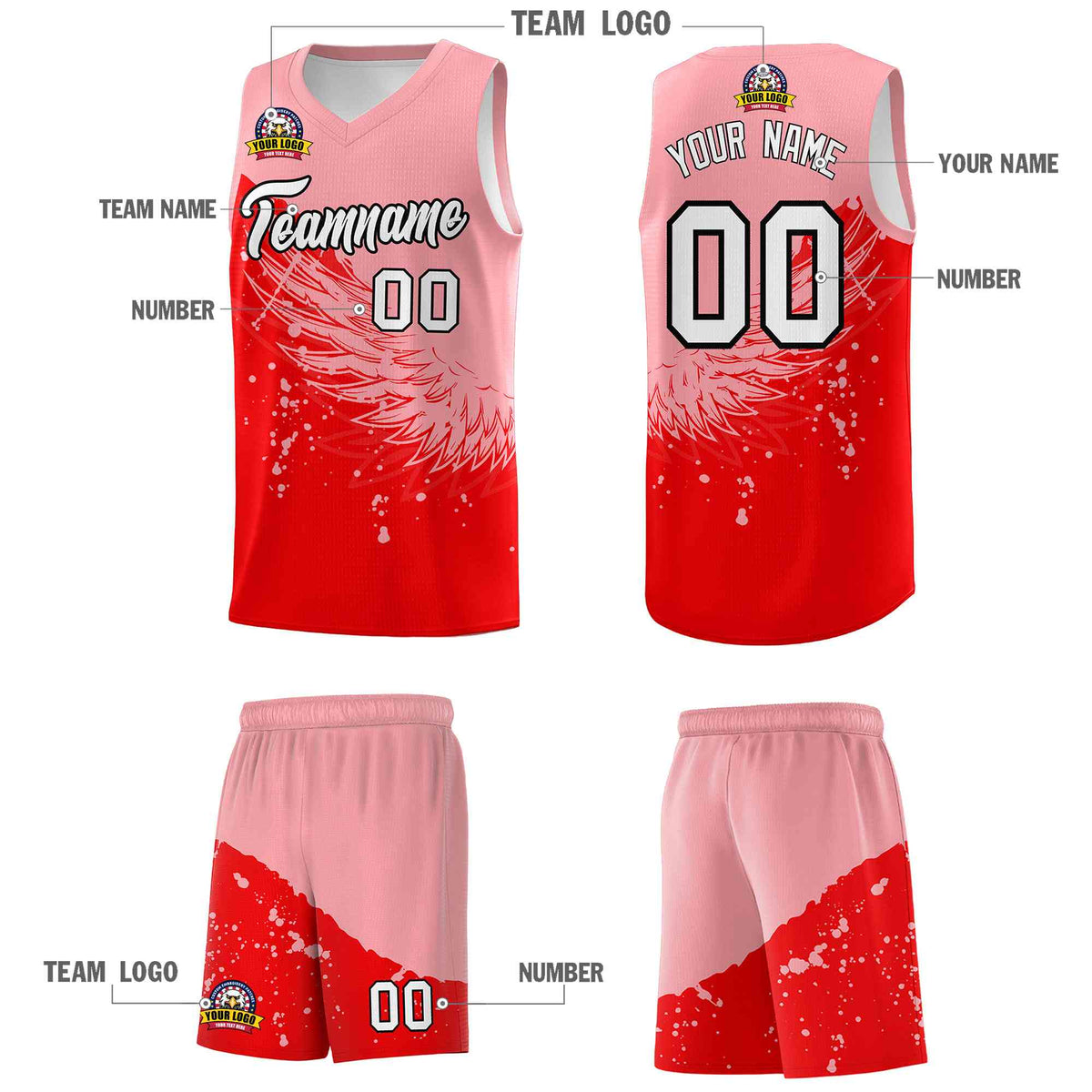 Custom Light Red Light Pink Wing Pattern Sports Uniform Basketball Jersey