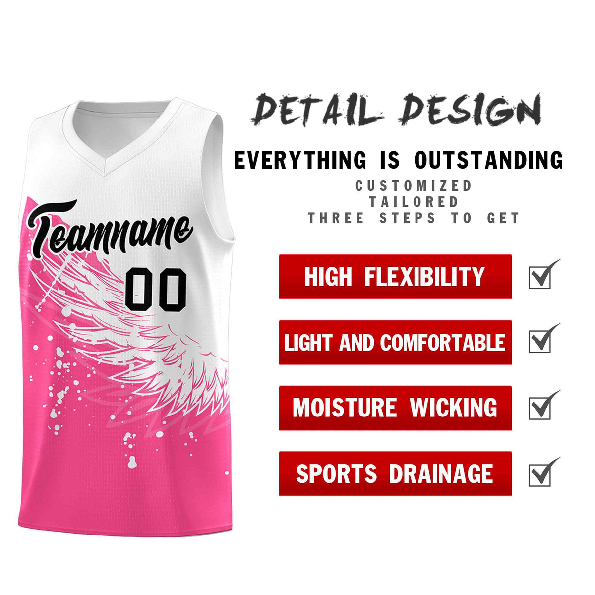Custom Pink White Wing Pattern Sports Uniform Basketball Jersey