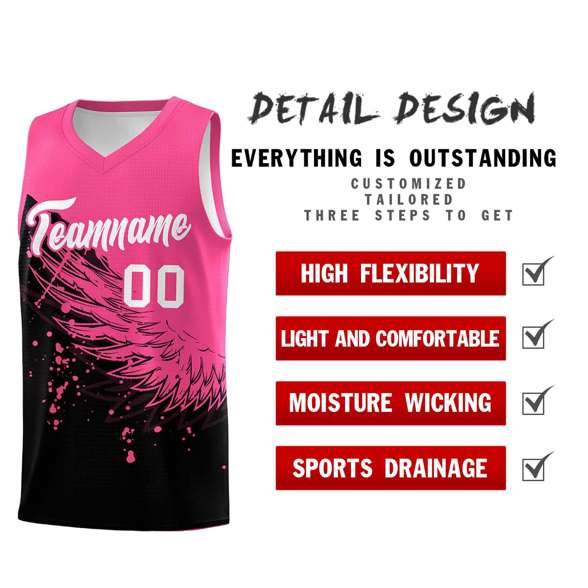 Custom Black Pink Wing Pattern Sports Uniform Basketball Jersey