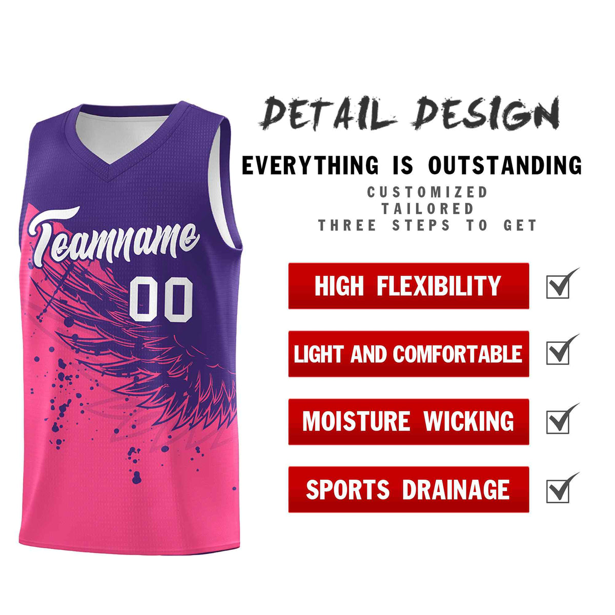 Custom Pink Purple Wing Pattern Sports Uniform Basketball Jersey