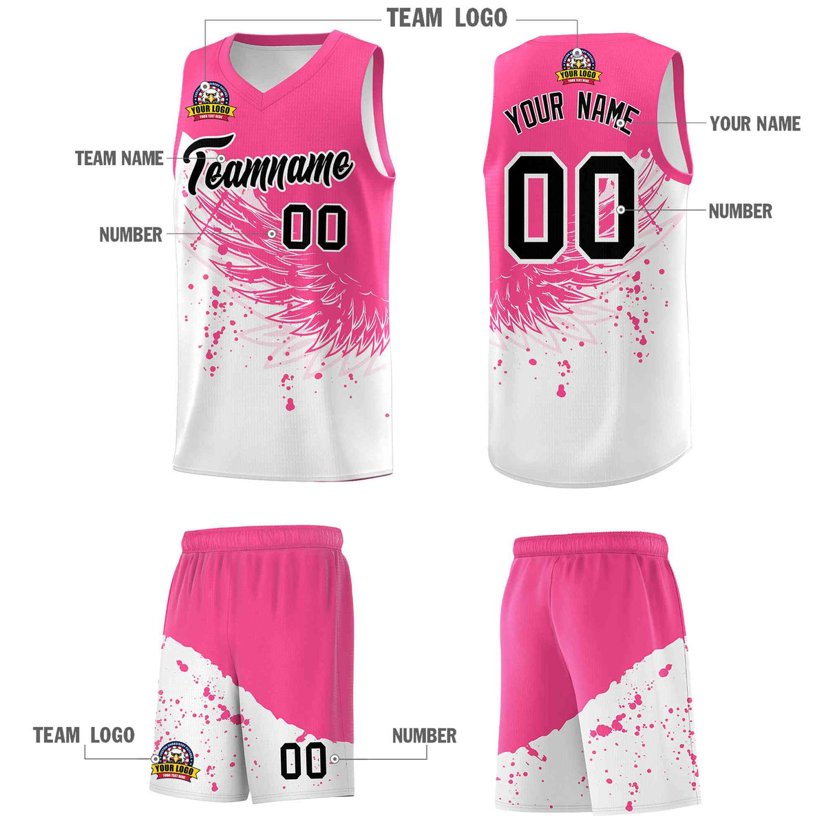 Custom White Pink Wing Pattern Sports Uniform Basketball Jersey