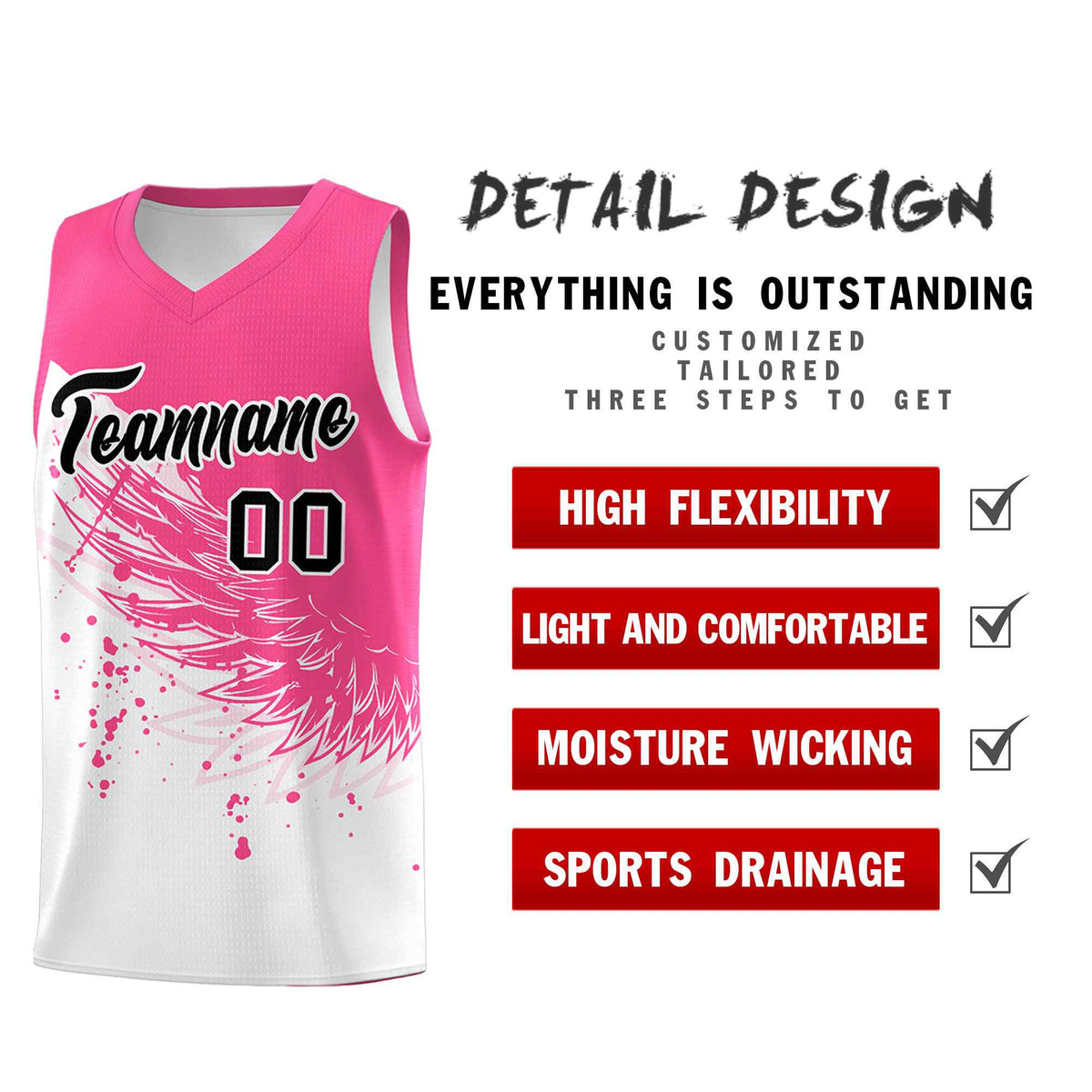 Custom White Pink Wing Pattern Sports Uniform Basketball Jersey