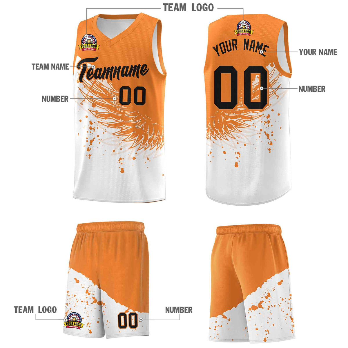 Custom White Gold Orange Wing Pattern Sports Uniform Basketball Jersey