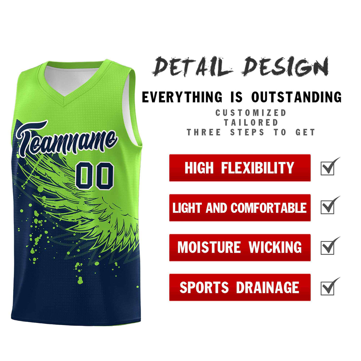 Custom Navy Fluorescent Green Wing Pattern Sports Uniform Basketball Jersey