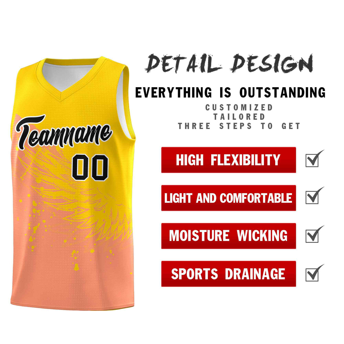 Custom Light Orange Gold Wing Pattern Sports Uniform Basketball Jersey