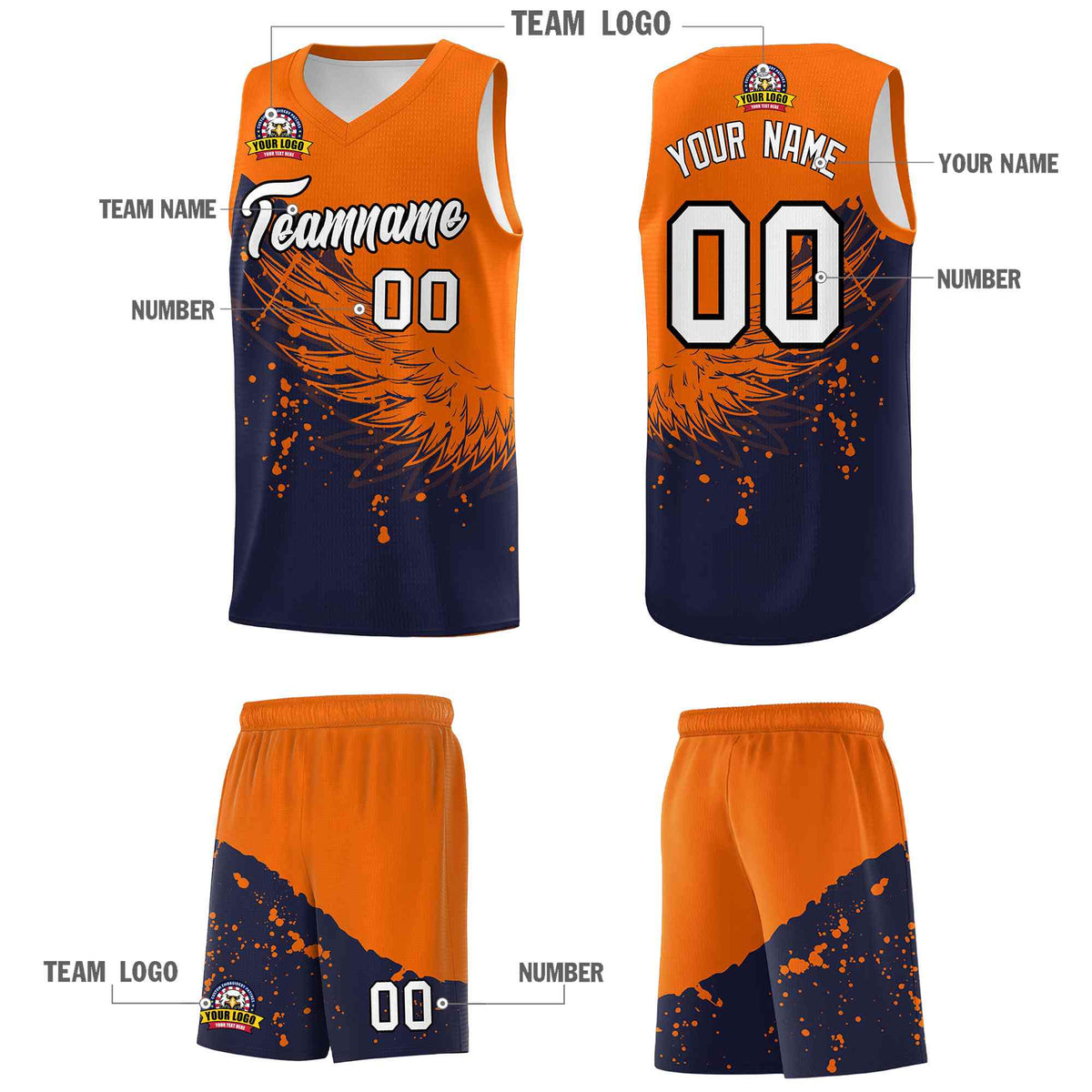 Custom Navy Orange Wing Pattern Sports Uniform Basketball Jersey