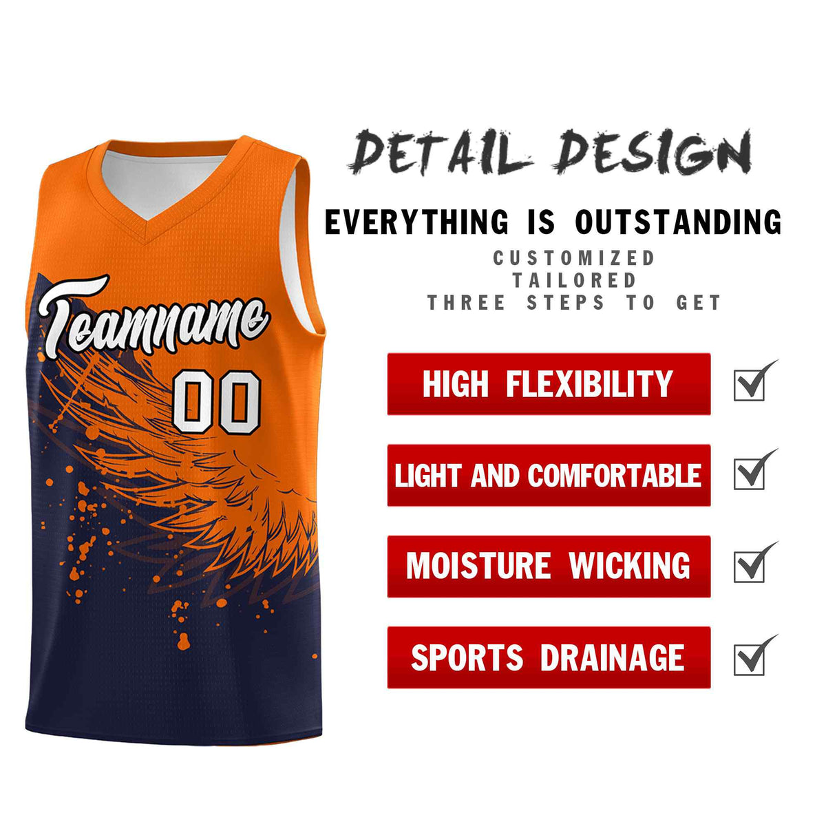 Custom Navy Orange Wing Pattern Sports Uniform Basketball Jersey