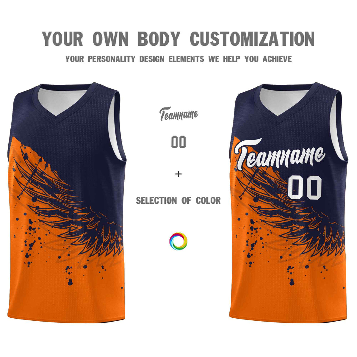 Custom Orange Navy Wing Pattern Sports Uniform Basketball Jersey