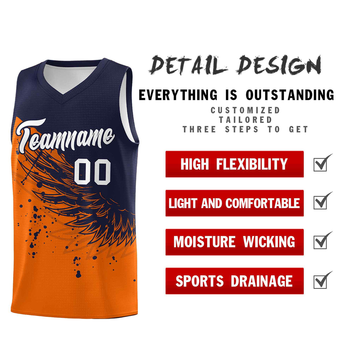 Custom Orange Navy Wing Pattern Sports Uniform Basketball Jersey