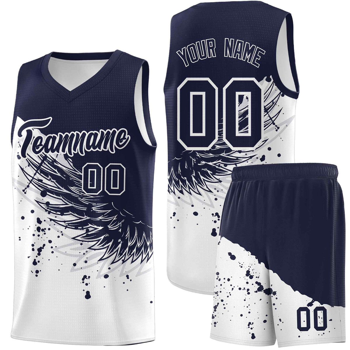 Custom White Navy Wing Pattern Sports Uniform Basketball Jersey