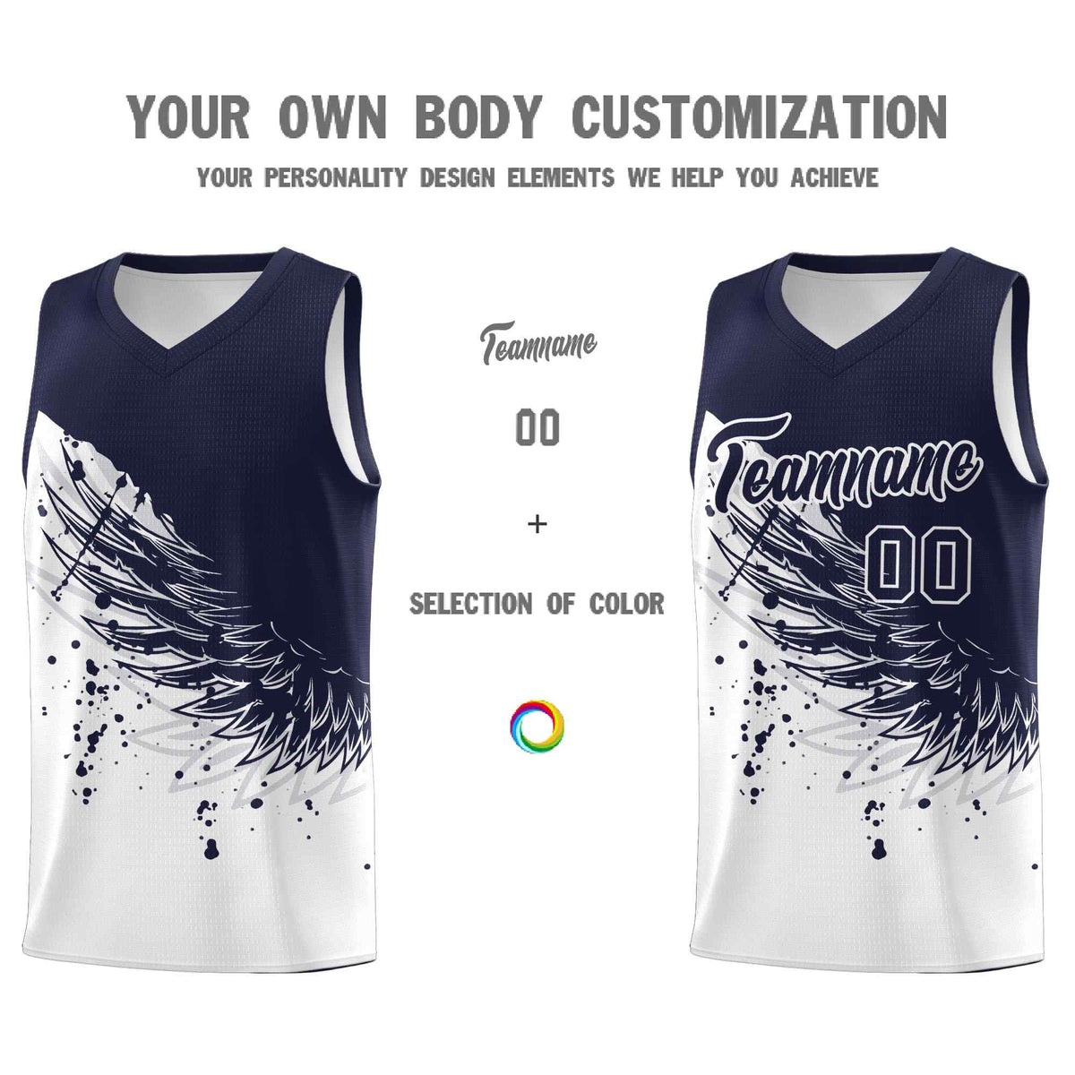 Custom White Navy Wing Pattern Sports Uniform Basketball Jersey
