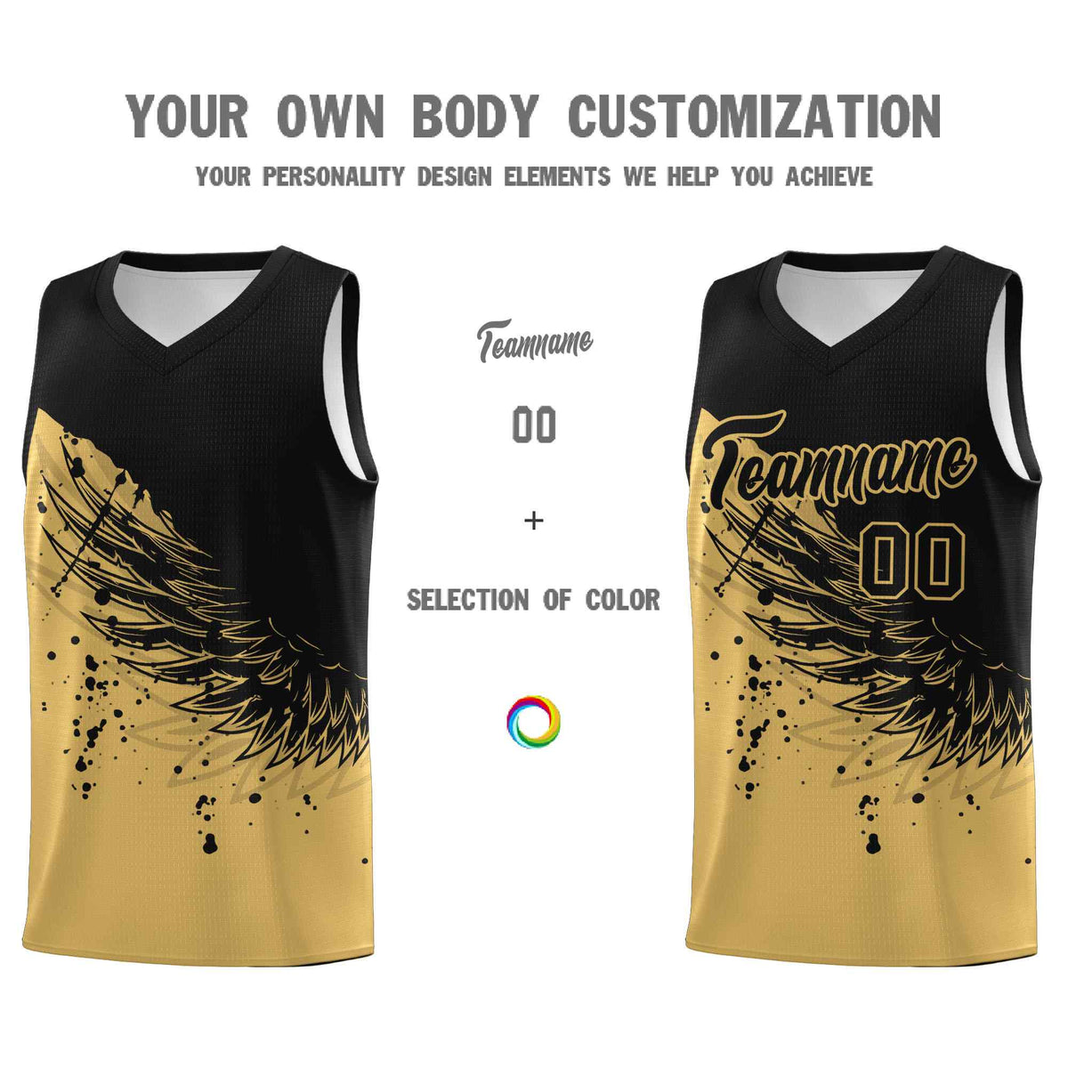 Custom Old Gold Black Wing Pattern Sports Uniform Basketball Jersey