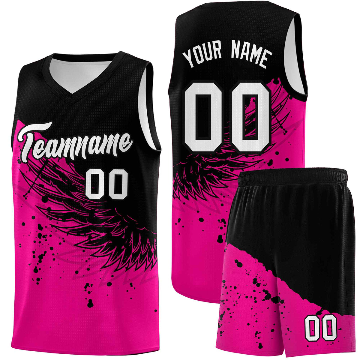 Custom Pink Black Wing Pattern Sports Uniform Basketball Jersey