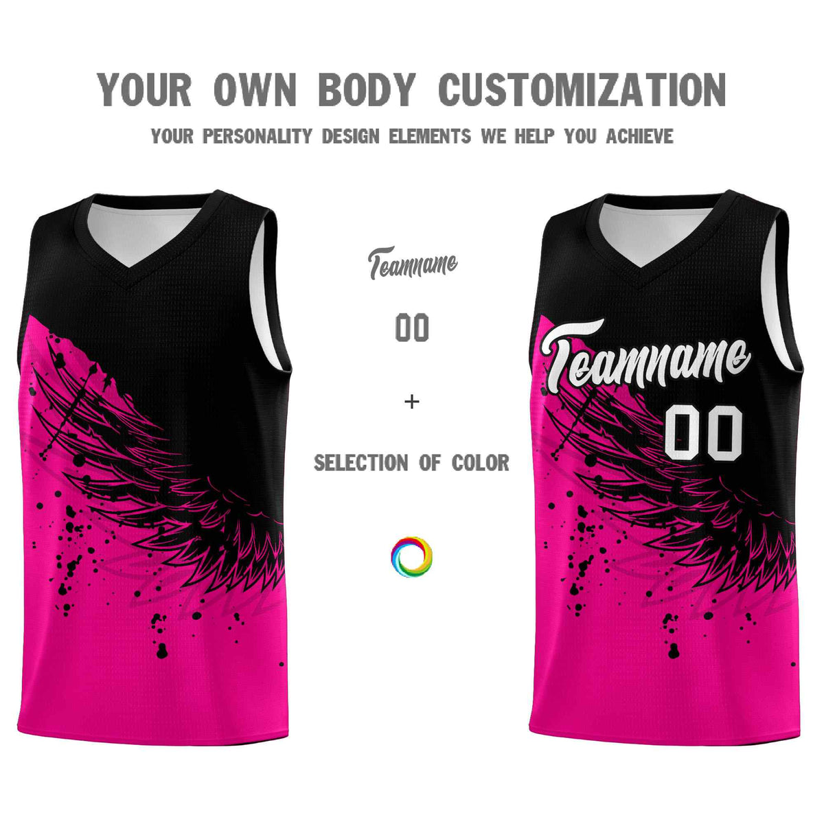 Custom Pink Black Wing Pattern Sports Uniform Basketball Jersey