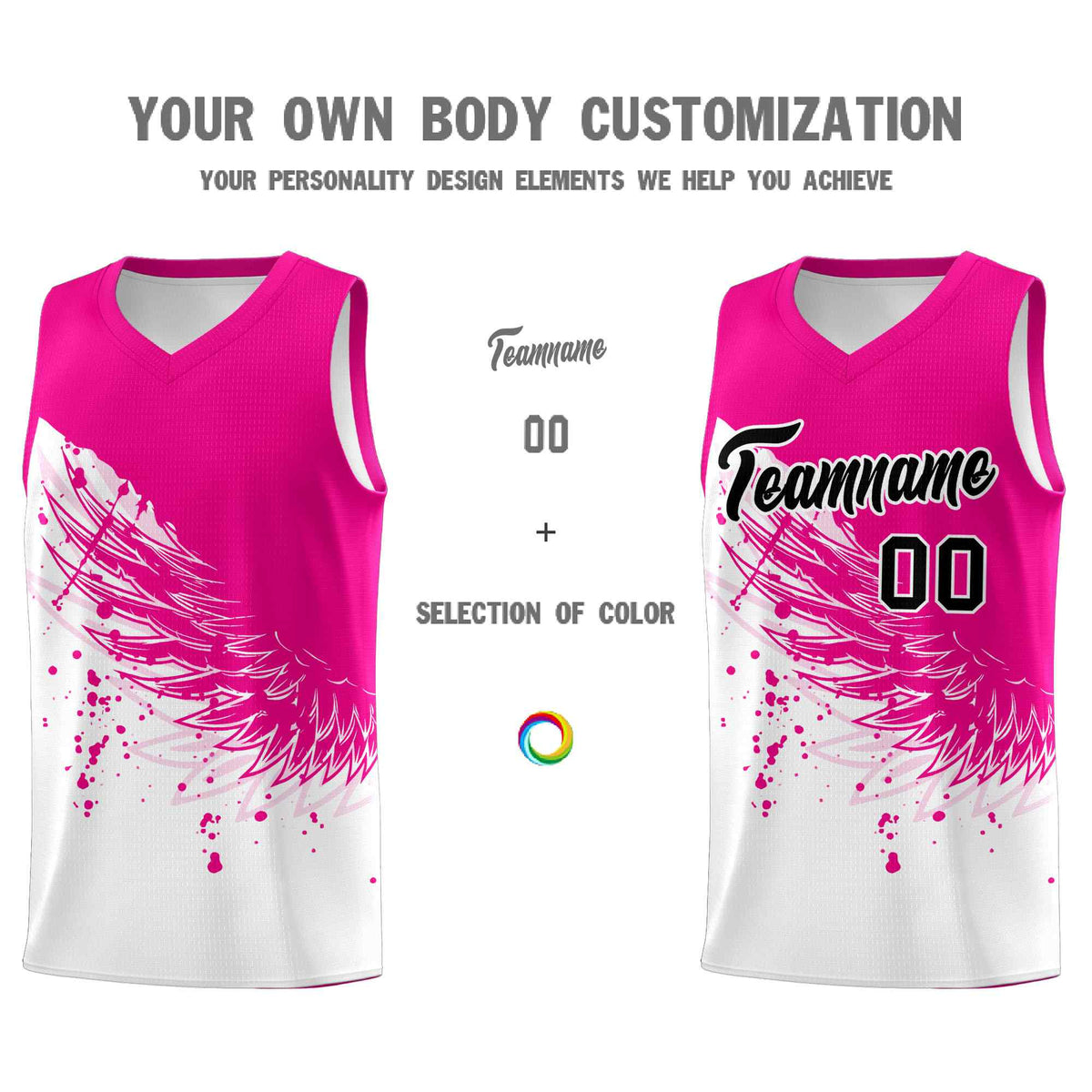 Custom White Pink Wing Pattern Sports Uniform Basketball Jersey