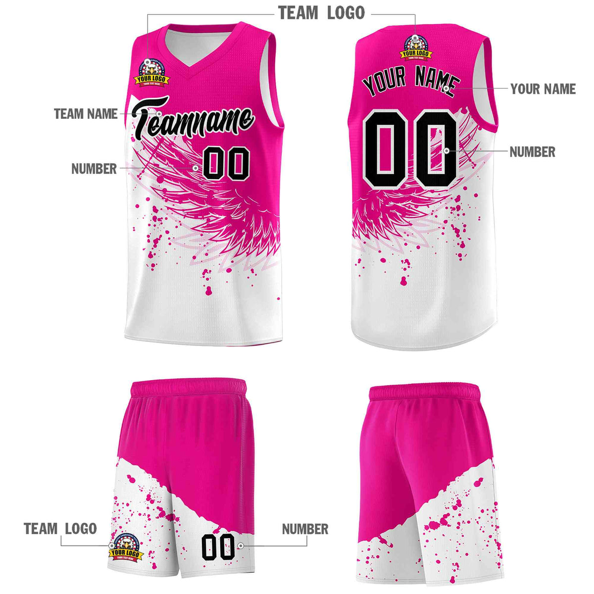 Custom White Pink Wing Pattern Sports Uniform Basketball Jersey