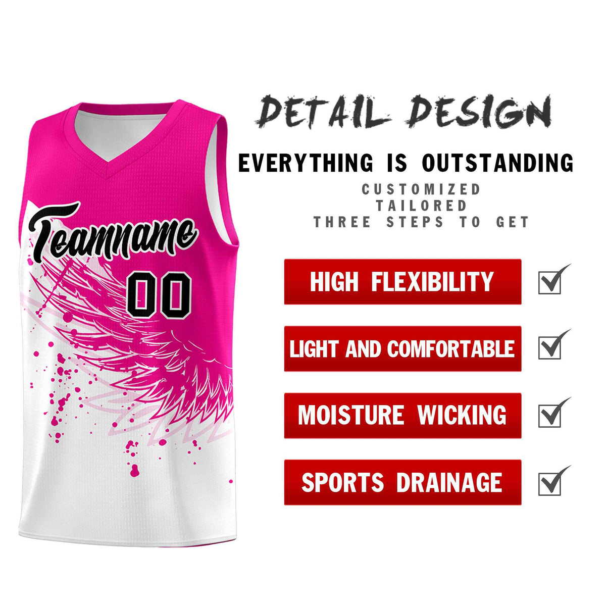 Custom White Pink Wing Pattern Sports Uniform Basketball Jersey