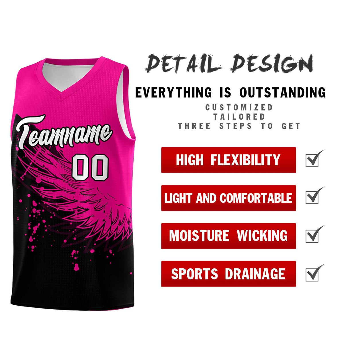Custom Black Pink Wing Pattern Sports Uniform Basketball Jersey