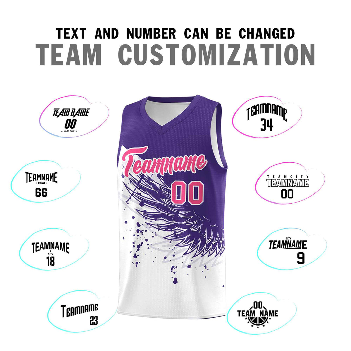 Custom White Purple Wing Pattern Sports Uniform Basketball Jersey