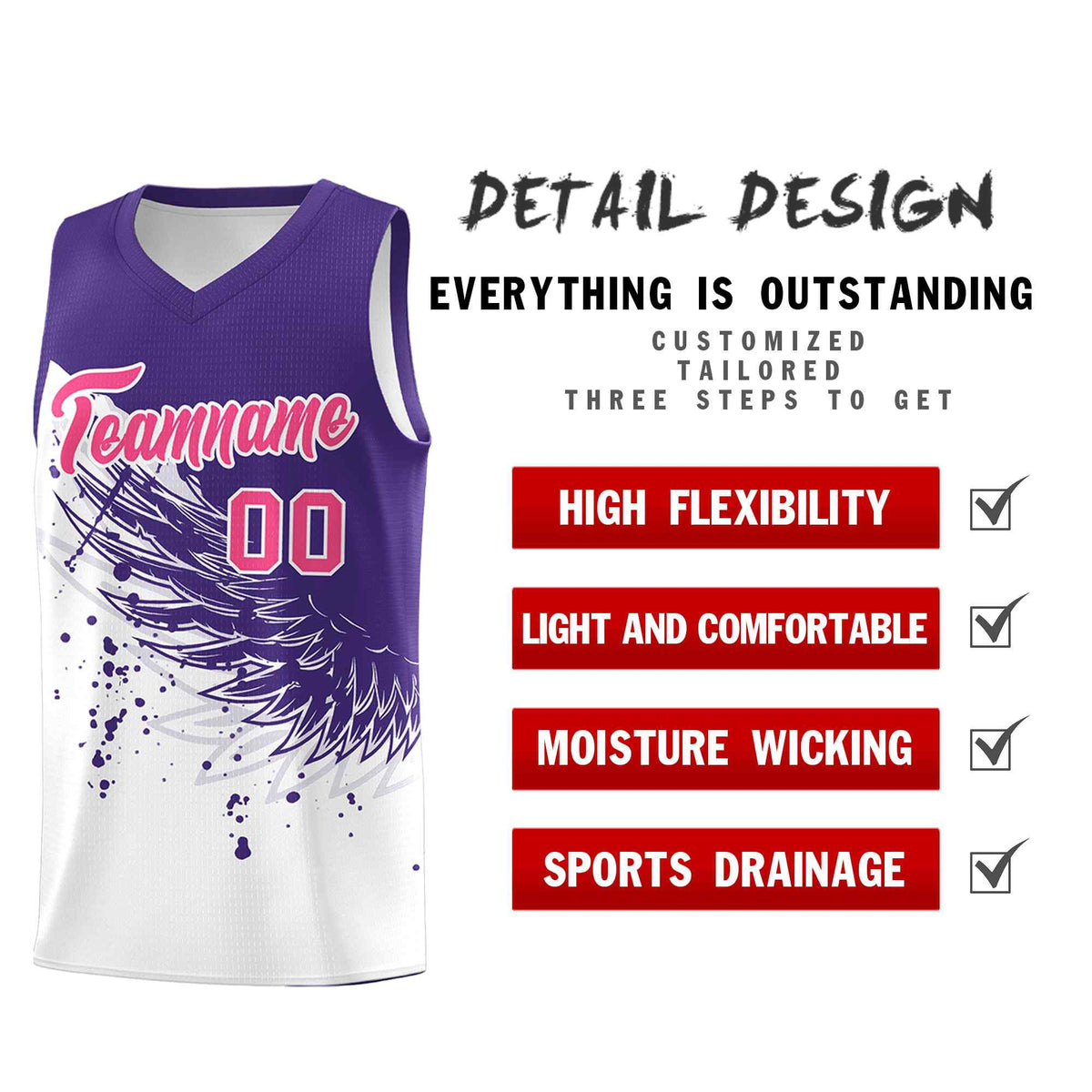 Custom White Purple Wing Pattern Sports Uniform Basketball Jersey
