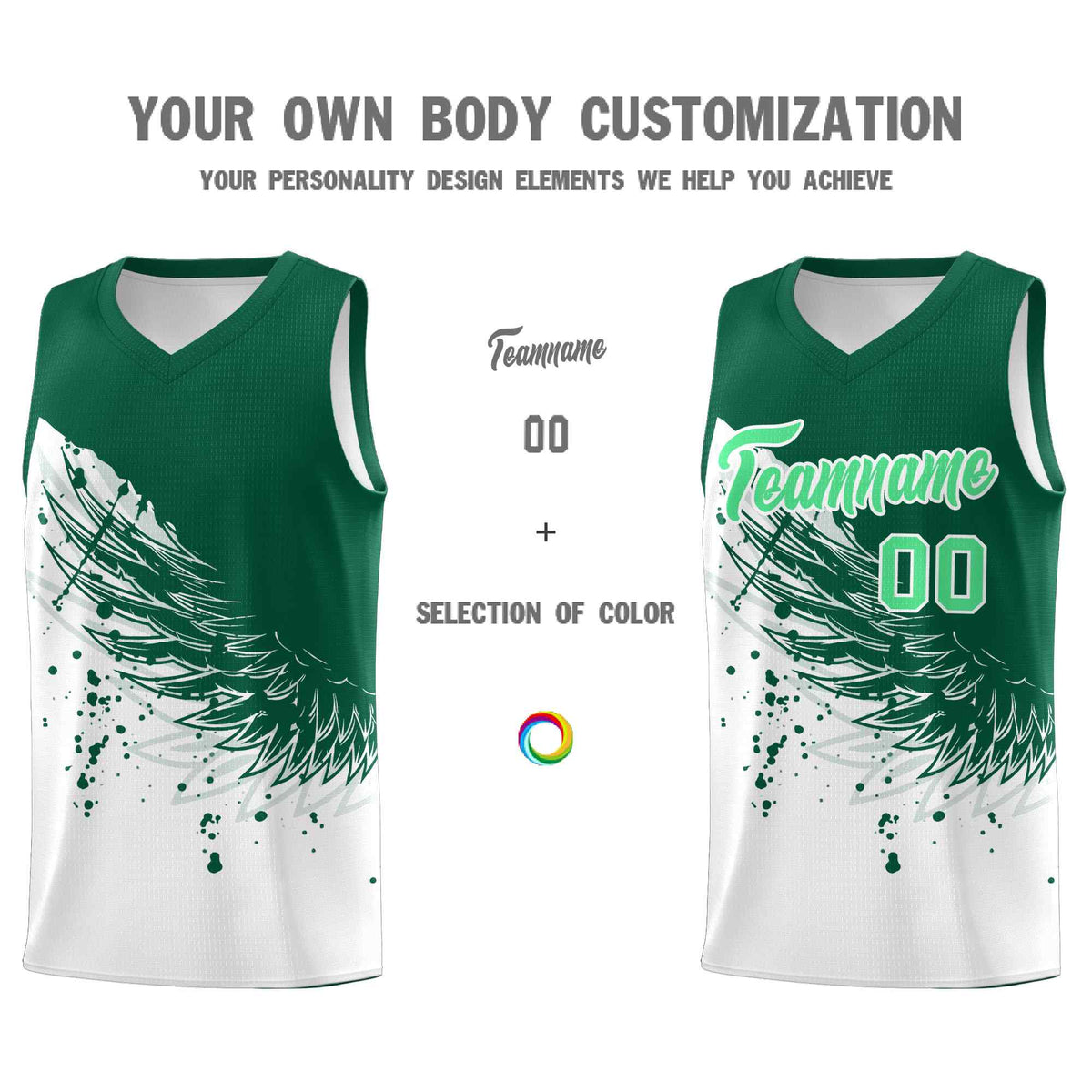 Custom White Kelly Green Wing Pattern Sports Uniform Basketball Jersey