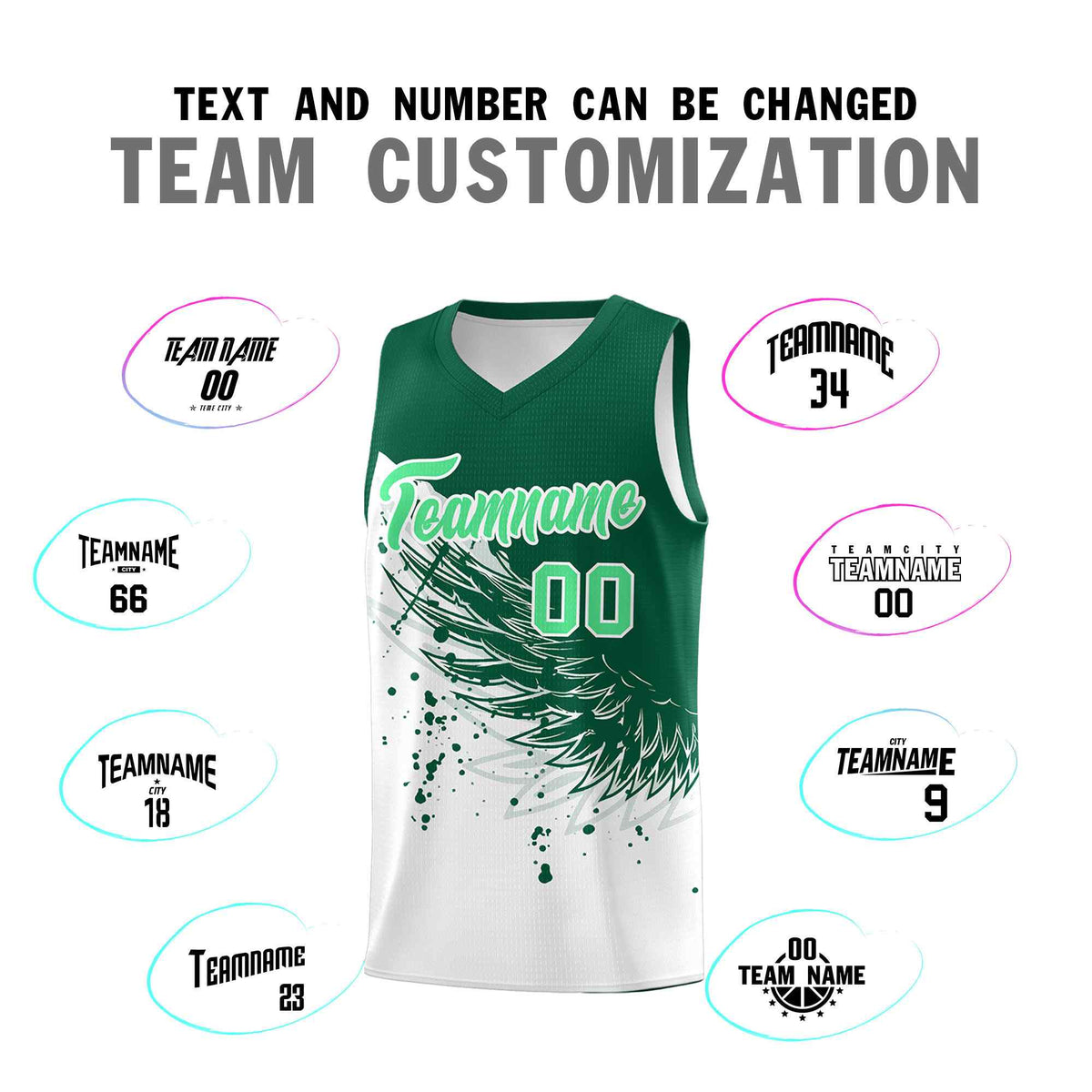 Custom White Kelly Green Wing Pattern Sports Uniform Basketball Jersey