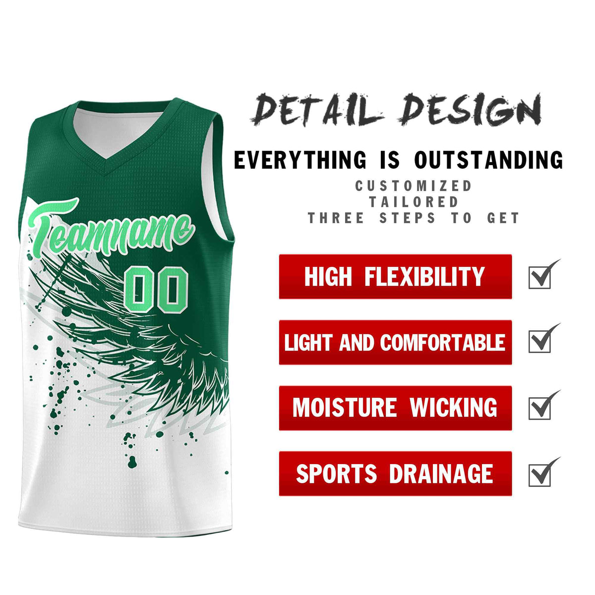 Custom White Kelly Green Wing Pattern Sports Uniform Basketball Jersey