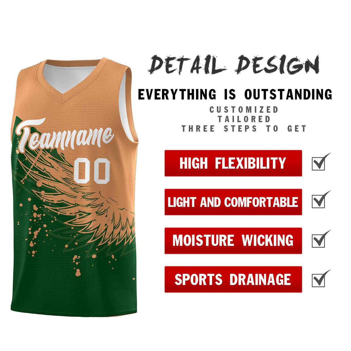 Custom Green Buckskin Brown Wing Pattern Sports Uniform Basketball Jersey