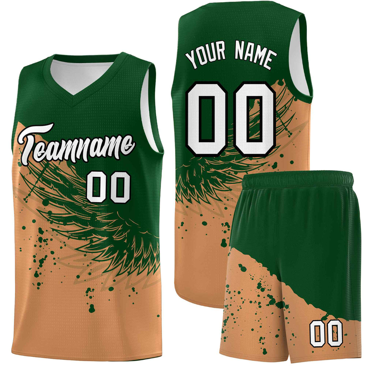 Custom Buckskin Brown Green Wing Pattern Sports Uniform Basketball Jersey
