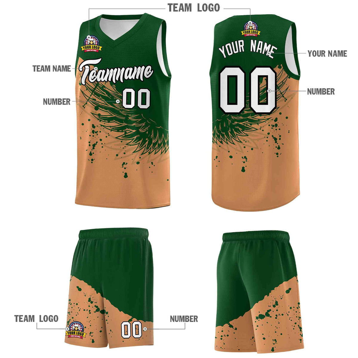 Custom Buckskin Brown Green Wing Pattern Sports Uniform Basketball Jersey