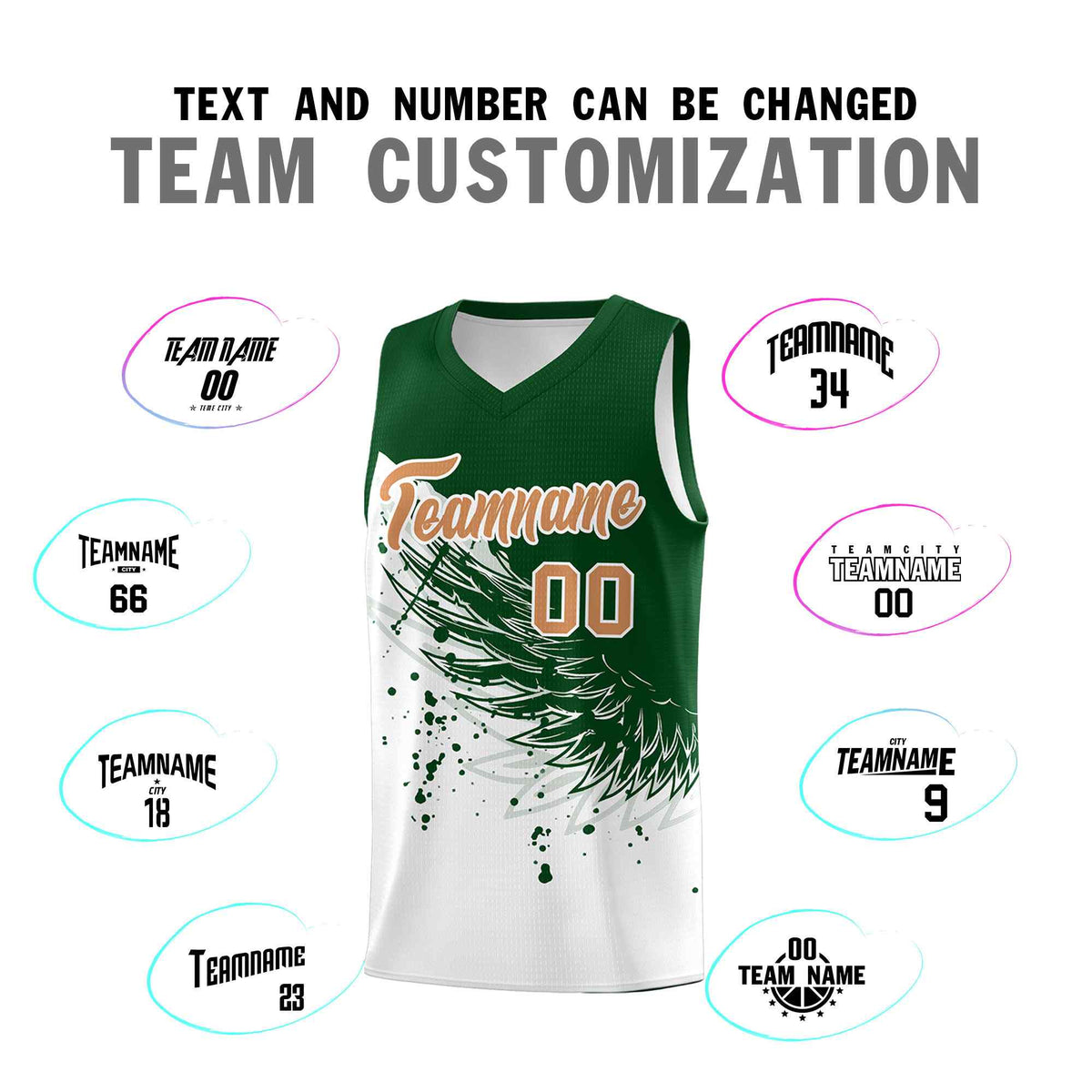 Custom White Green Wing Pattern Sports Uniform Basketball Jersey