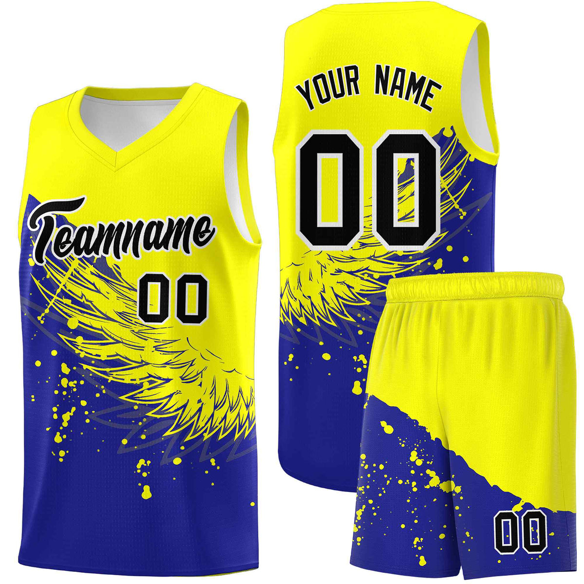 Custom Royal Fluorescent Yellow Wing Pattern Sports Uniform Basketball Jersey