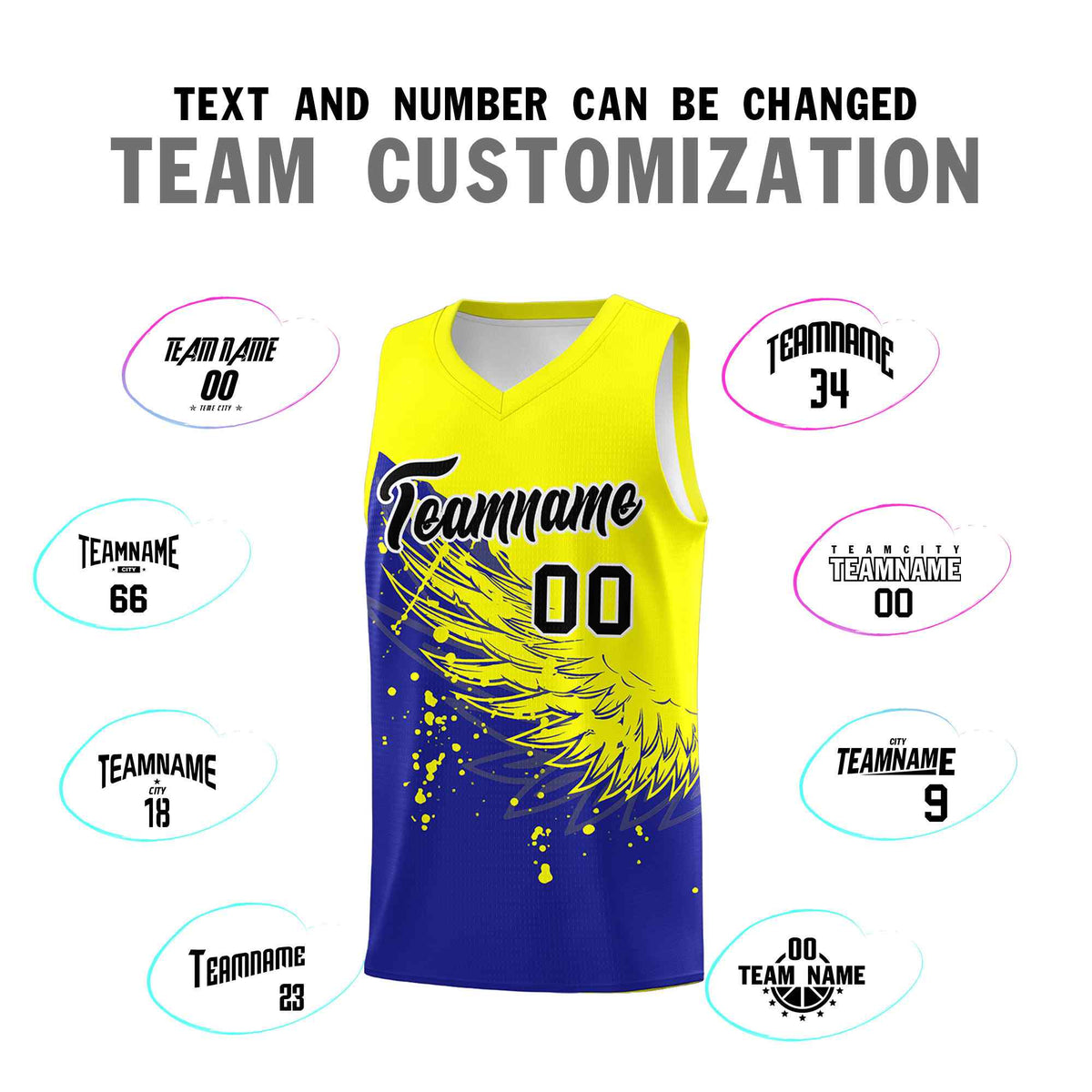 Custom Royal Fluorescent Yellow Wing Pattern Sports Uniform Basketball Jersey