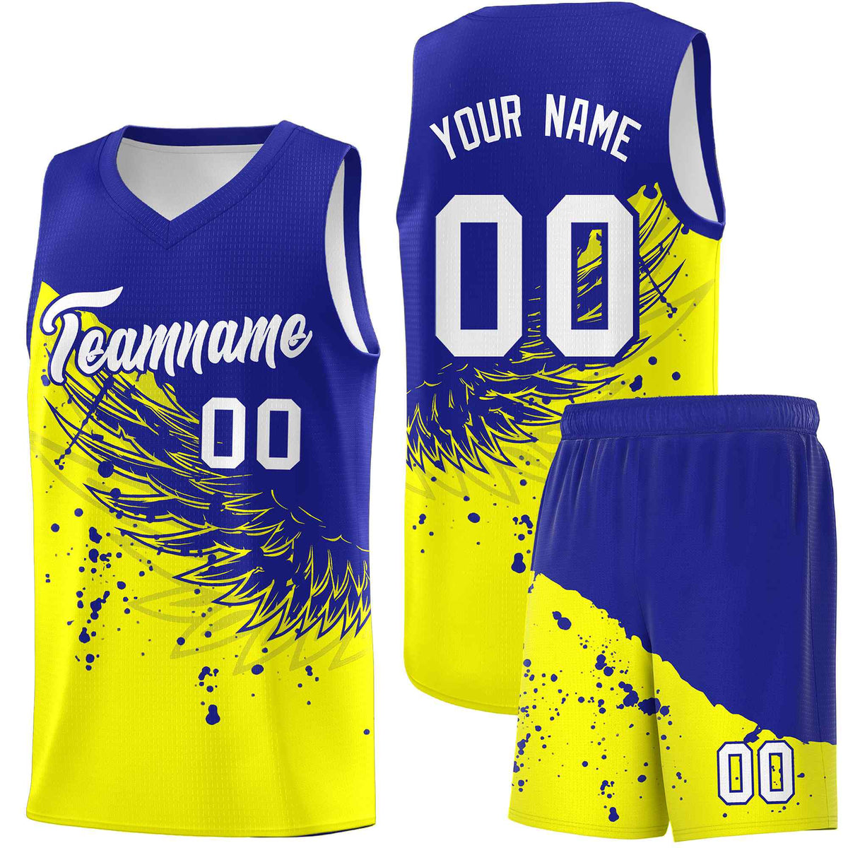 Custom Fluorescent Yellow Royal Wing Pattern Sports Uniform Basketball Jersey