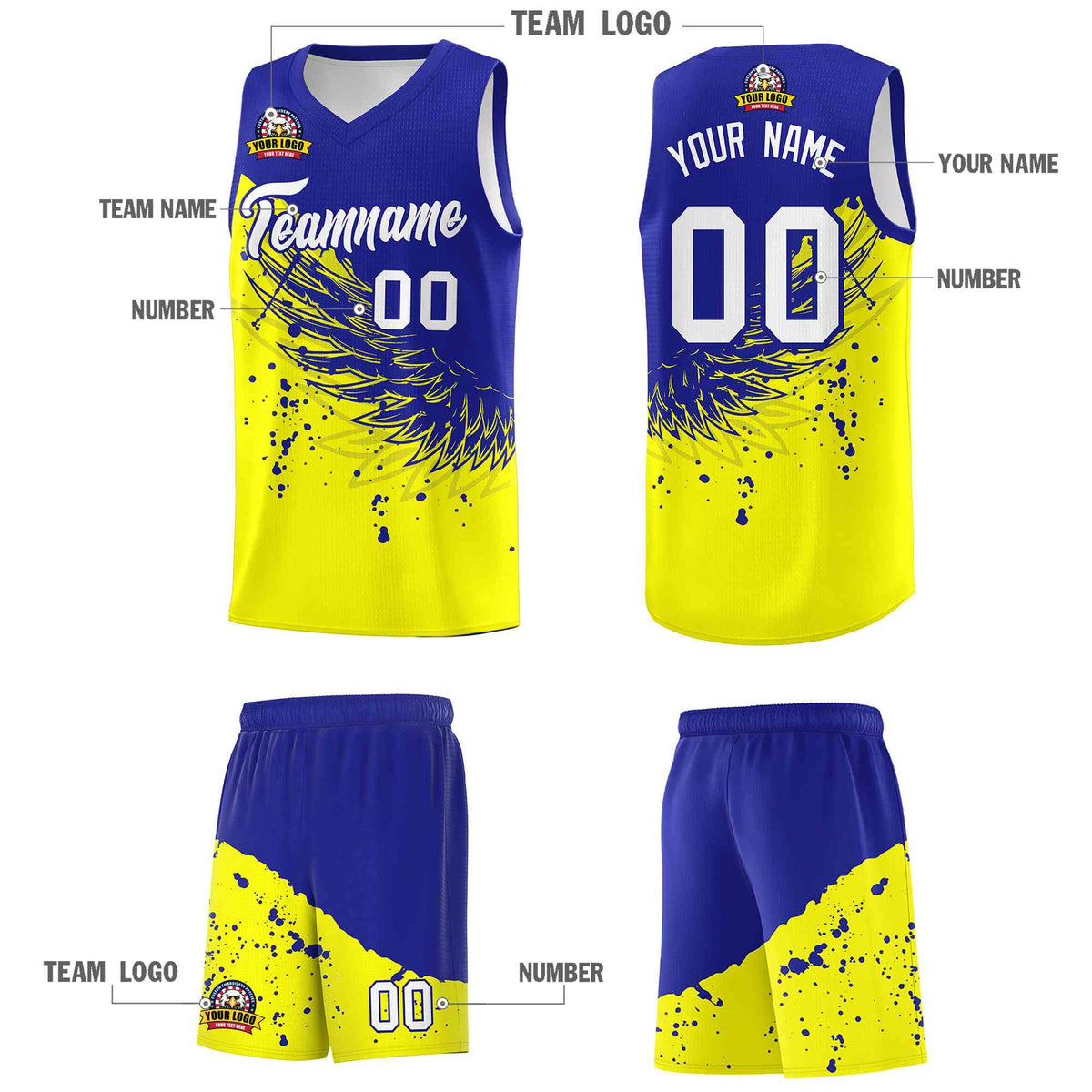 Custom Fluorescent Yellow Royal Wing Pattern Sports Uniform Basketball Jersey