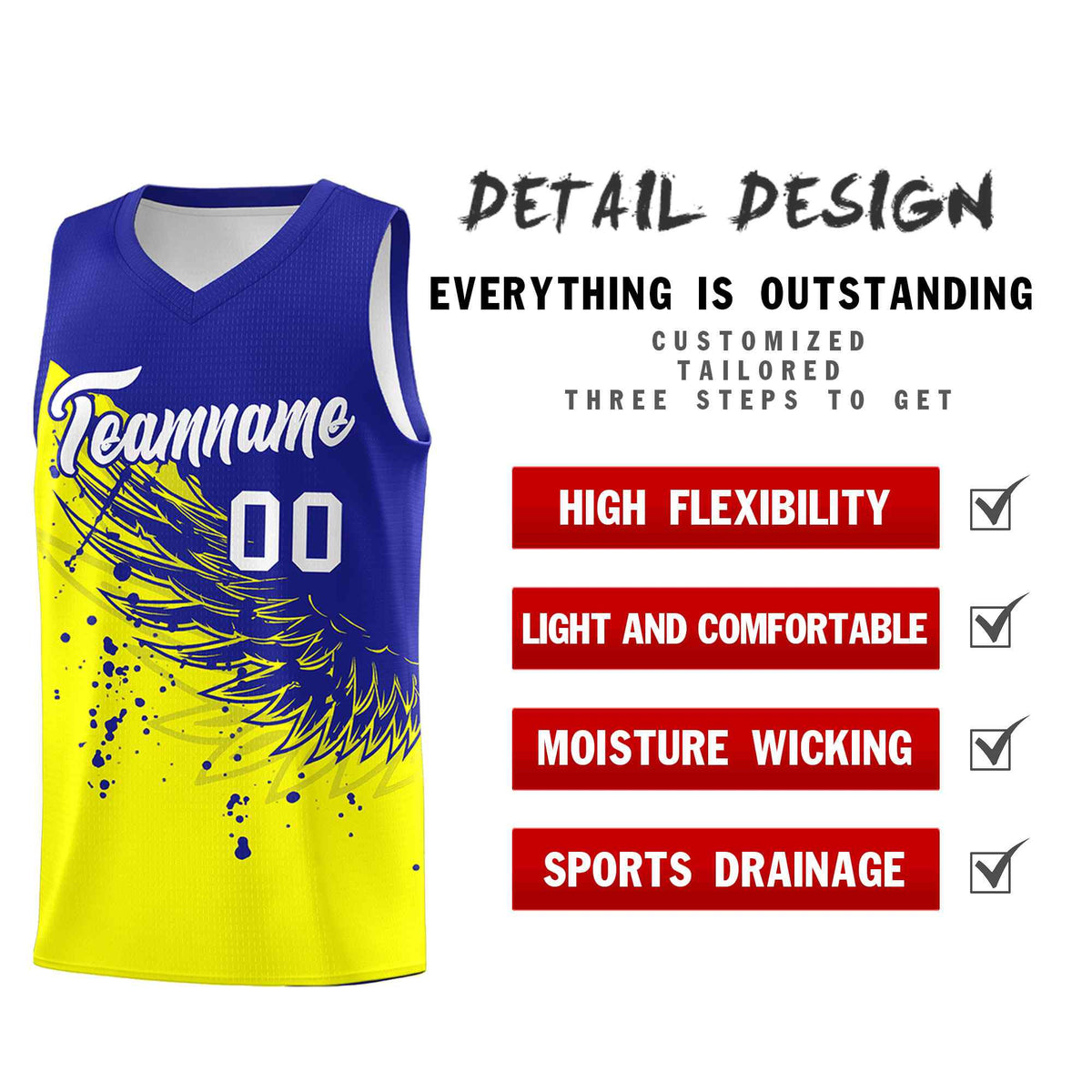 Custom Fluorescent Yellow Royal Wing Pattern Sports Uniform Basketball Jersey