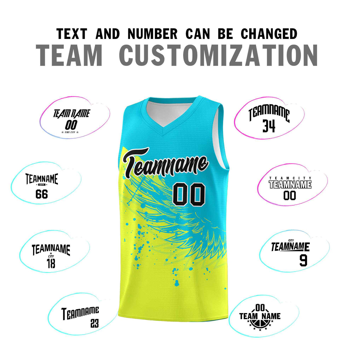 Custom Fluorescent Green Sky Blue Wing Pattern Sports Uniform Basketball Jersey