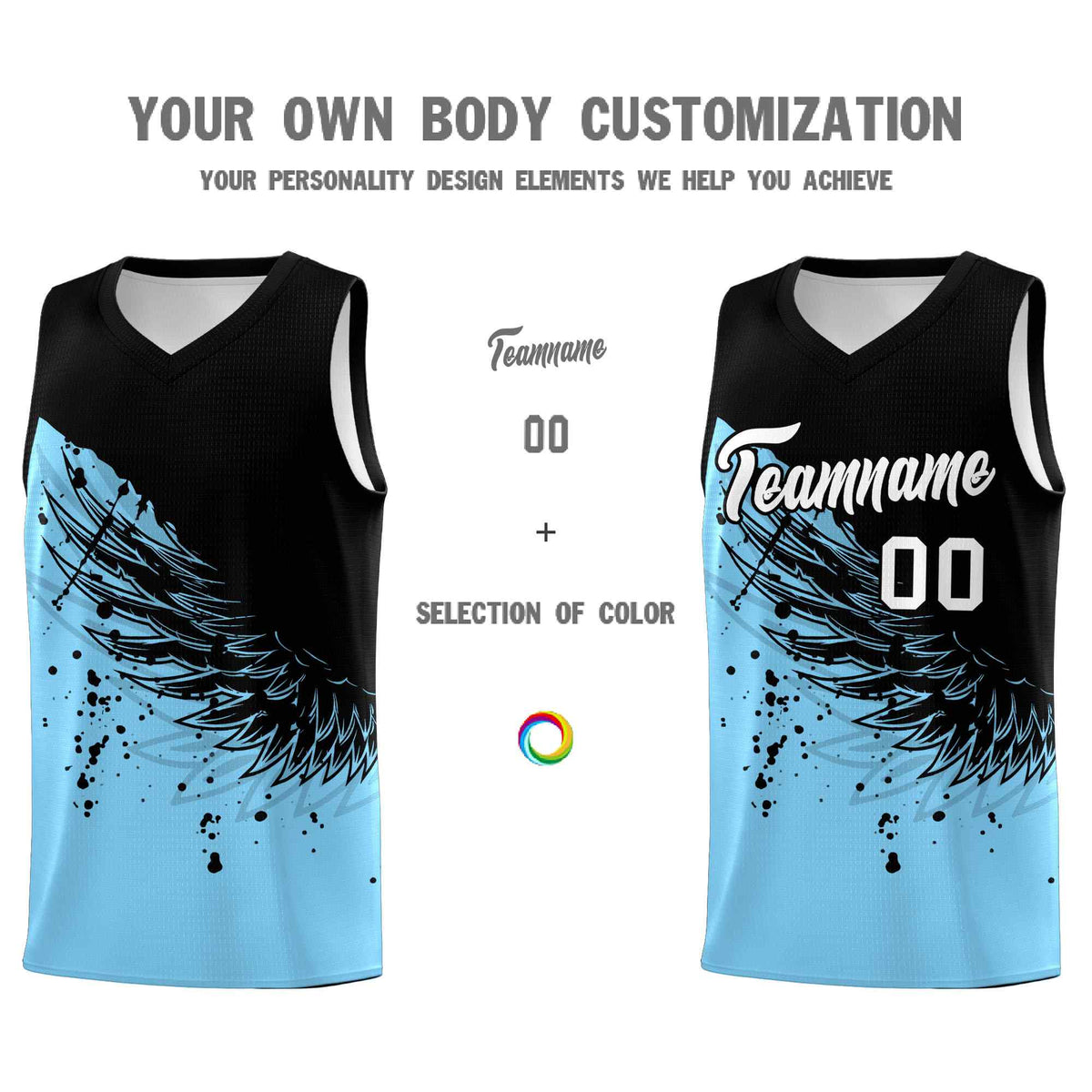 Custom Light Blue Black Wing Pattern Sports Uniform Basketball Jersey