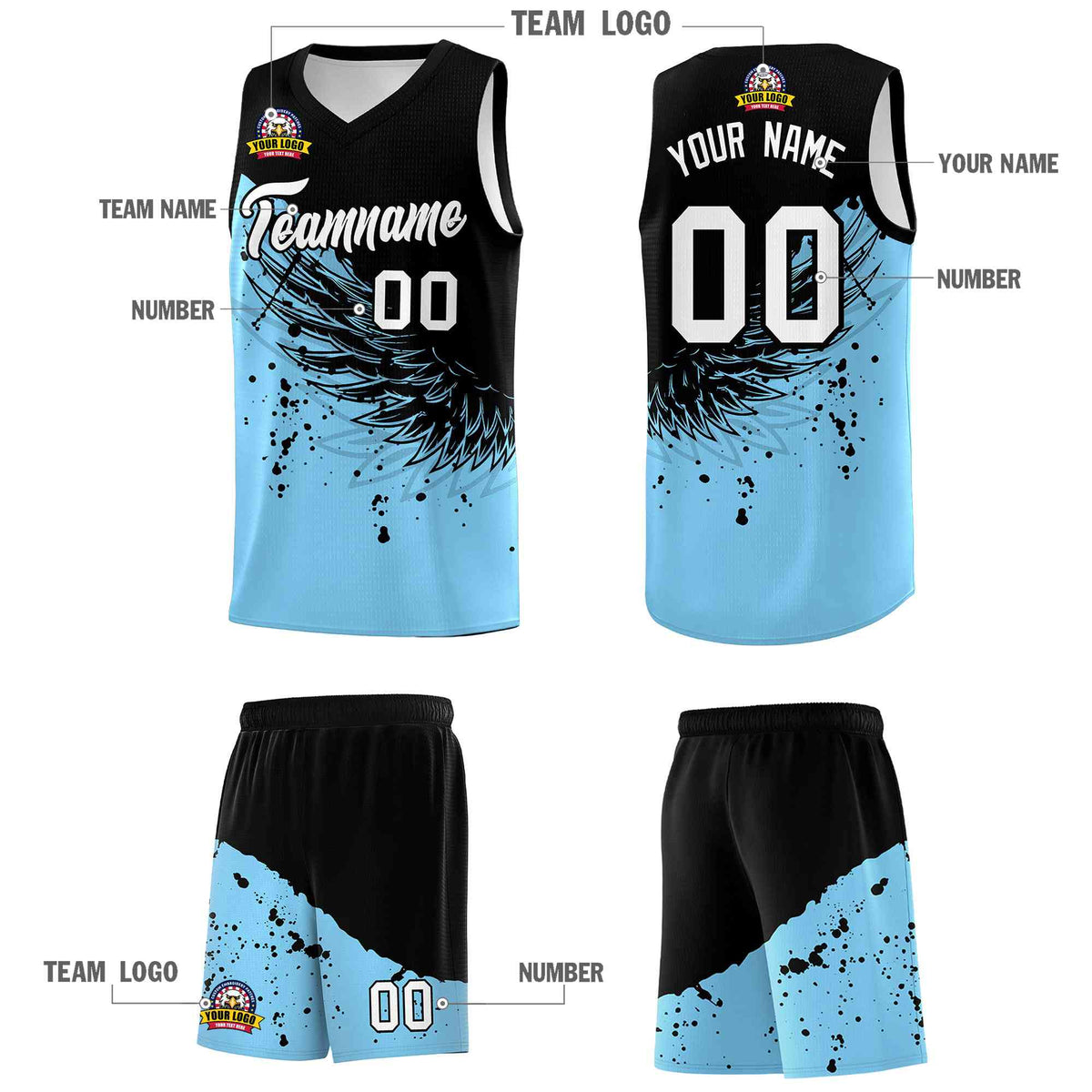 Custom Light Blue Black Wing Pattern Sports Uniform Basketball Jersey