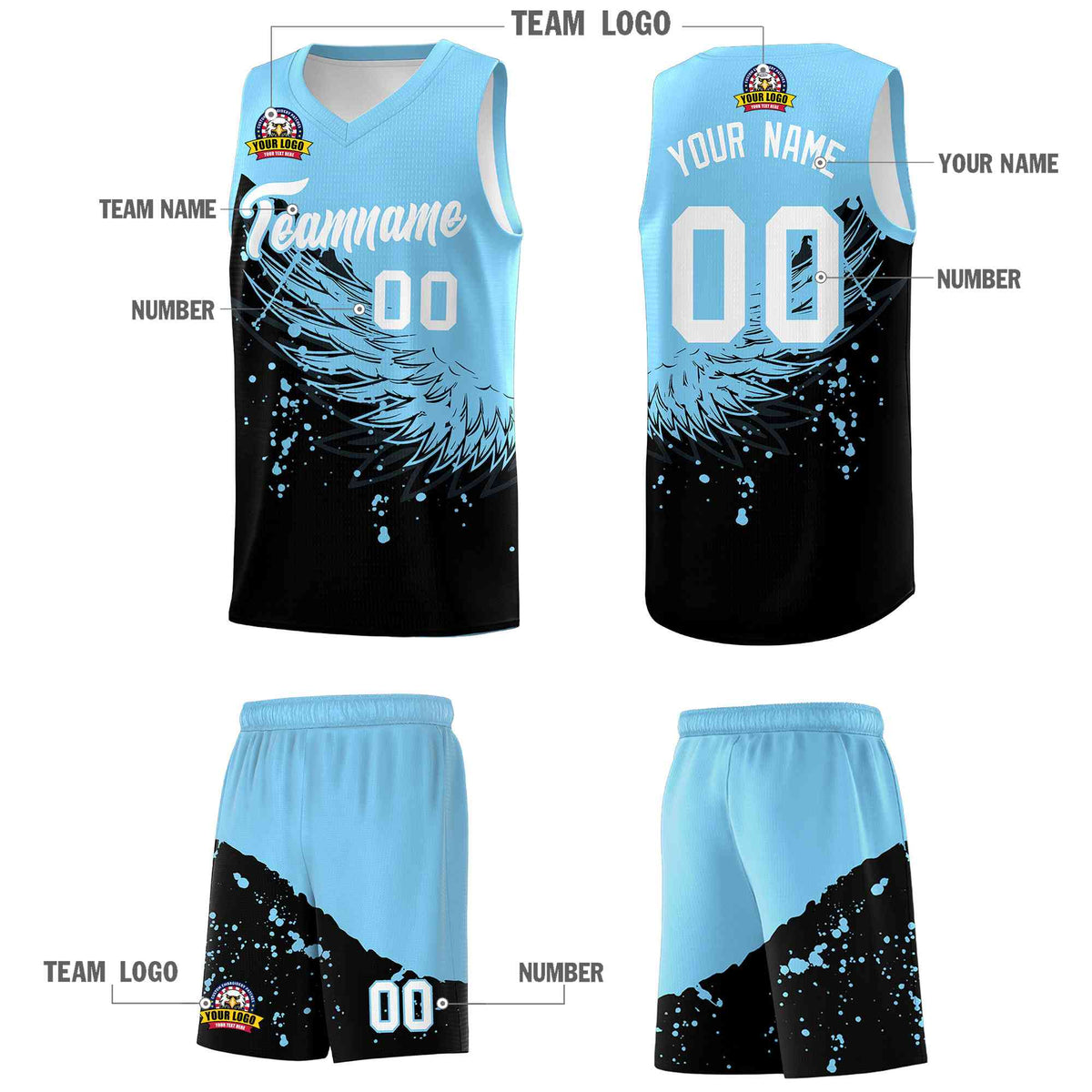 Custom Black Light Blue Wing Pattern Sports Uniform Basketball Jersey
