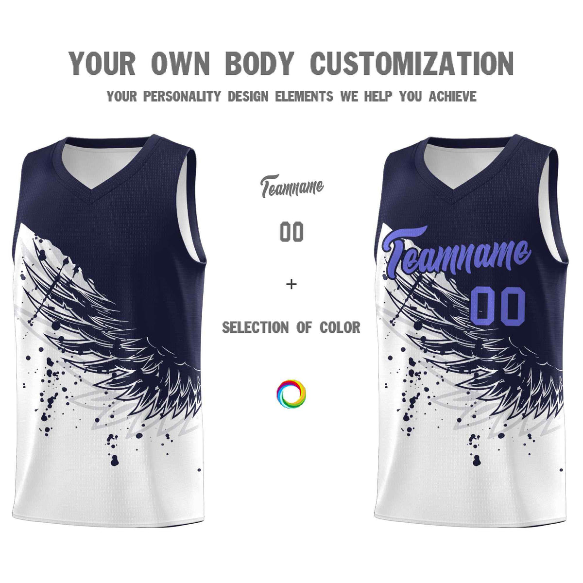 Custom White Navy Wing Pattern Sports Uniform Basketball Jersey
