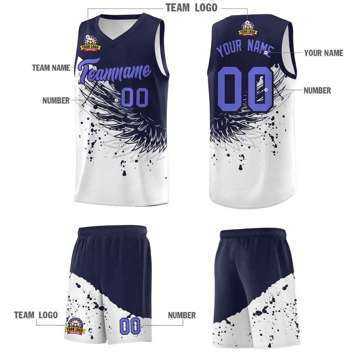 Custom White Navy Wing Pattern Sports Uniform Basketball Jersey