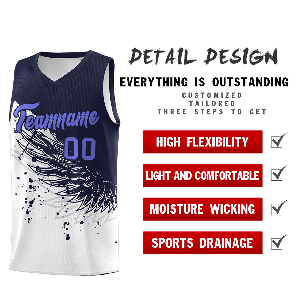 Custom White Navy Wing Pattern Sports Uniform Basketball Jersey