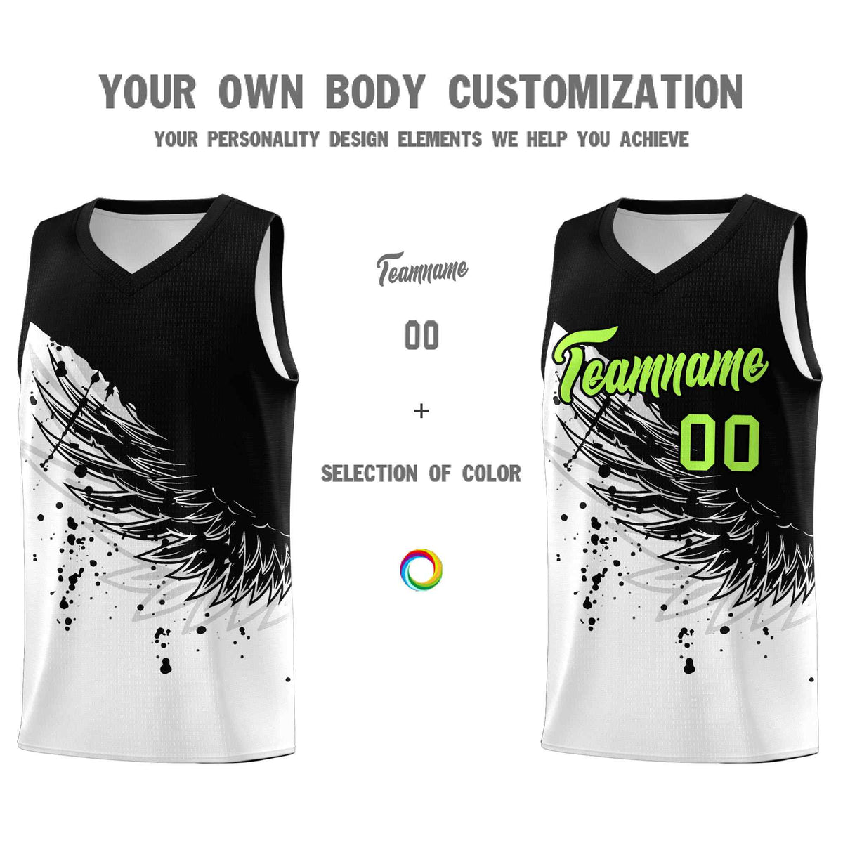 Custom White Black Wing Pattern Sports Uniform Basketball Jersey
